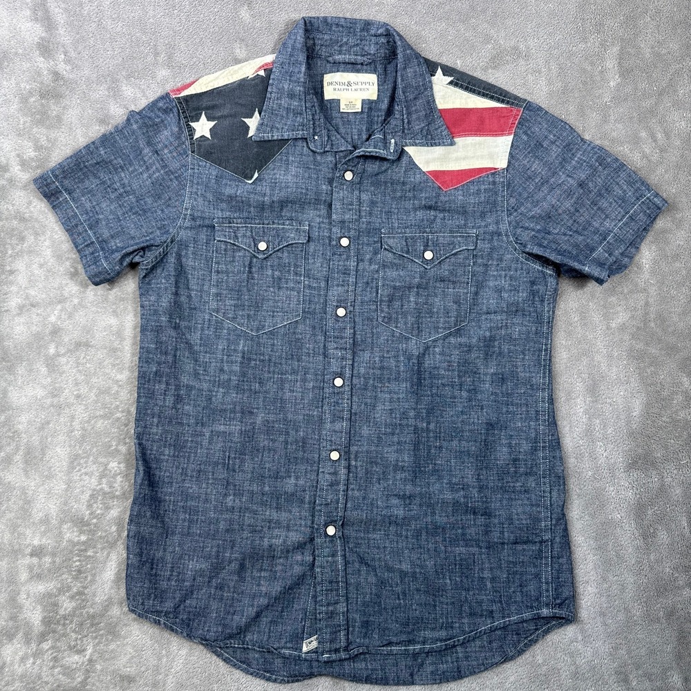 Ralph Lauren Denim Supply Denim USA Flag Shirt Men’s S Short Sleeve Pearl Snap